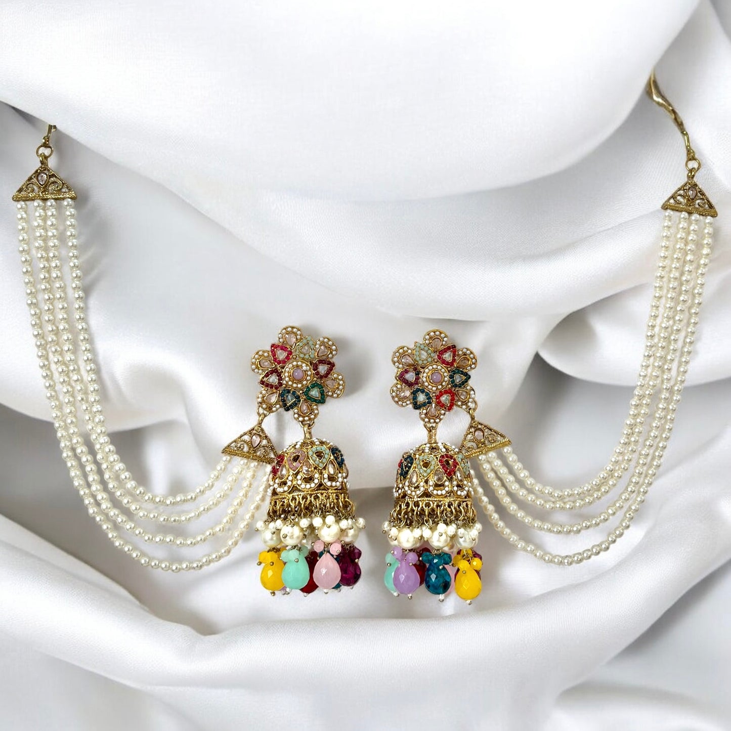 Multi colour Rubina Jadau Jhumka with Kaanchain and Maangtikka