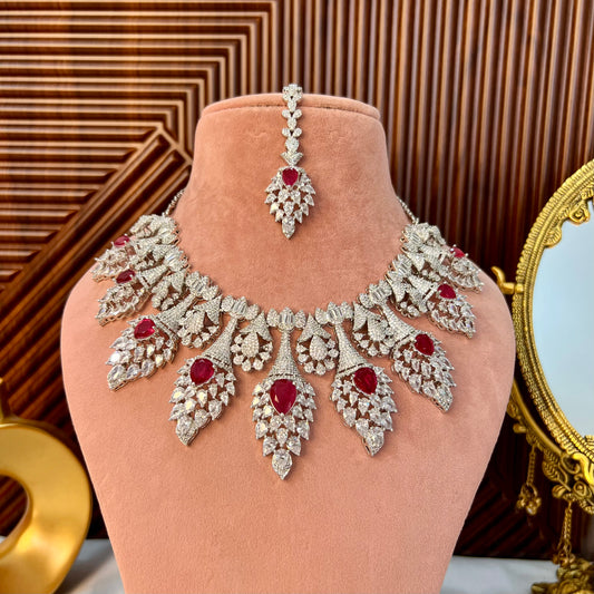 Ruby Aisha American Diamond Jewellery Set with maangtikka