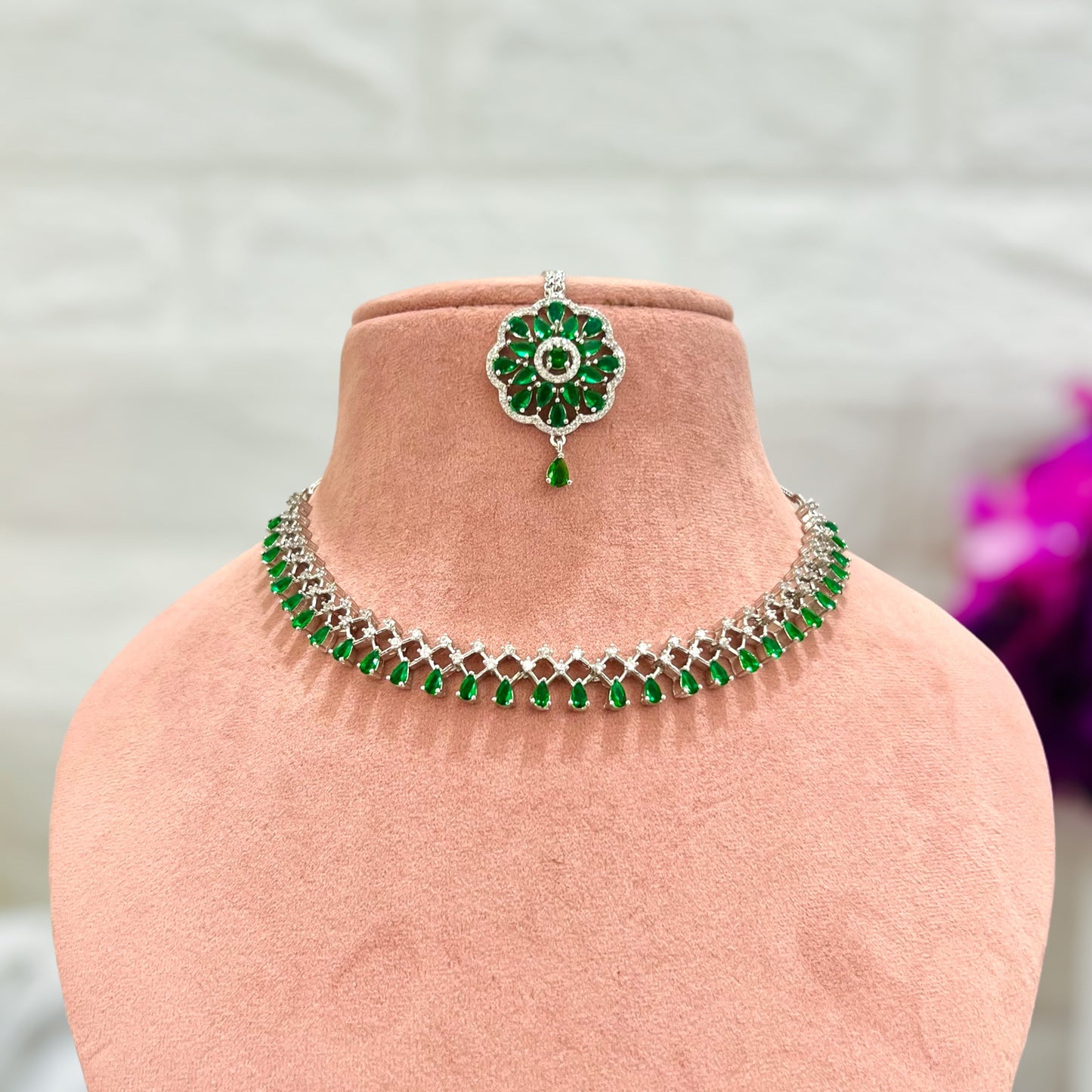 Emerald Green Aurora American Diamond Jewellery set