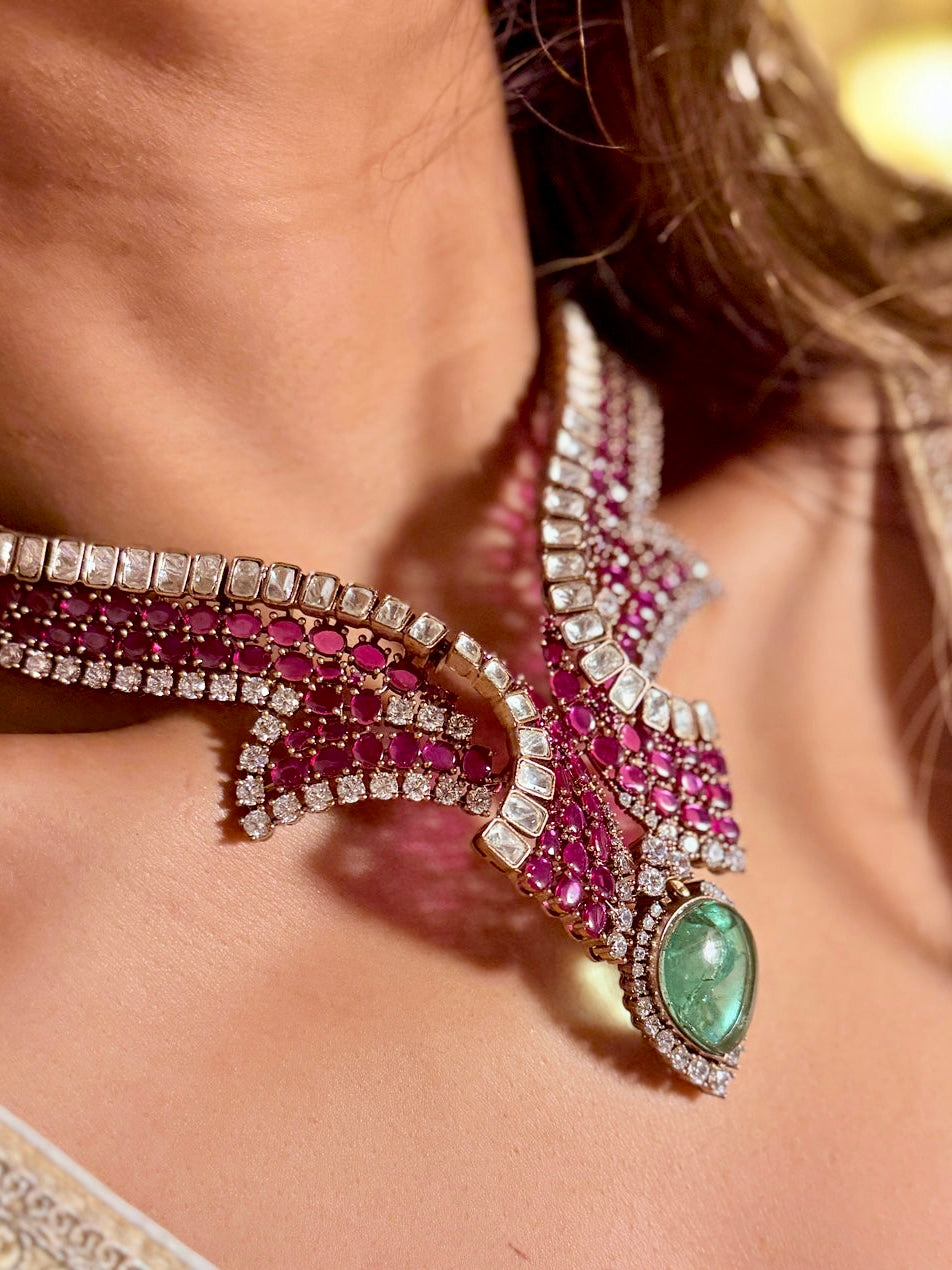 Raima Ruby Mint Doublet and American Diamonds studded Jewellery Set