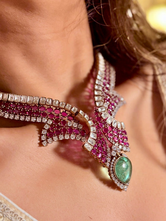 Raima Ruby Mint Doublet and American Diamonds studded Jewellery Set