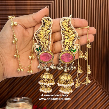 Paroo Gold Plated Ear cuff Jhumkas with Ear Chain