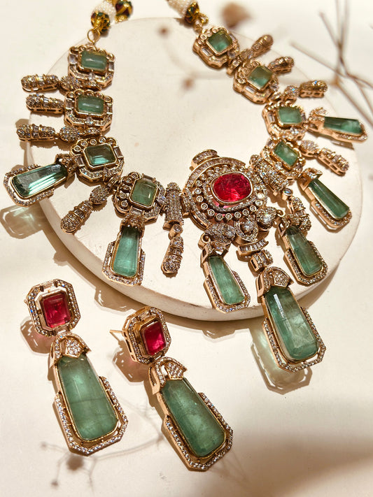 Sunaina Mint & Ruby Doublet and American Diamonds studded Jewellery Set