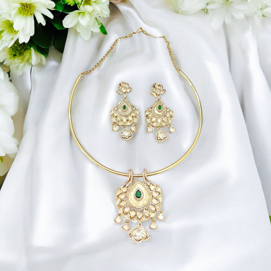 Emerald Green Aarya Gold Plated Moissanite Hasli Jewellery set