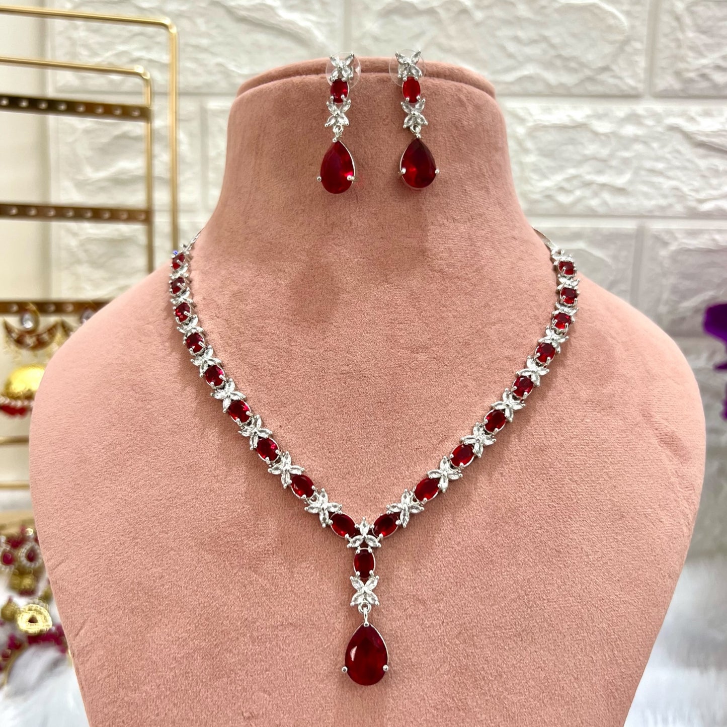 Jasmine American Diamond Necklace with Earrings (Ruby Red)