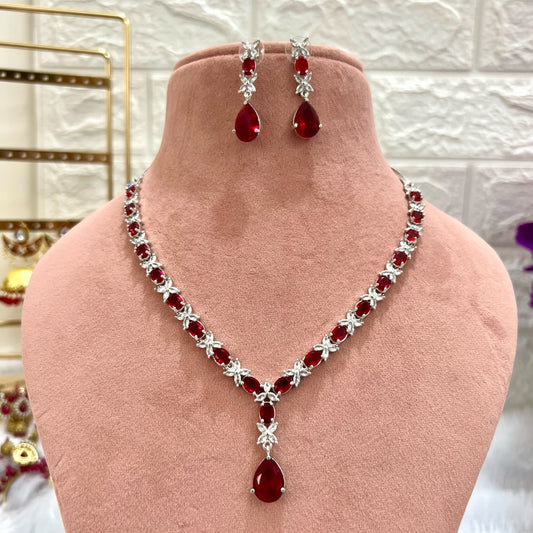 Jasmine American Diamond Necklace with Earrings (Ruby Red)