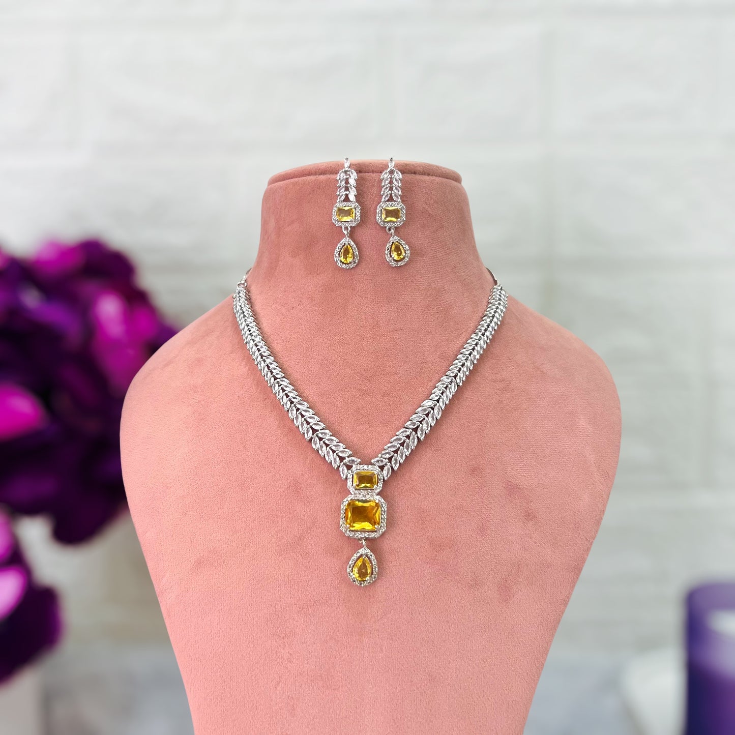 Yellow Malaika American Diamond Jewellery set