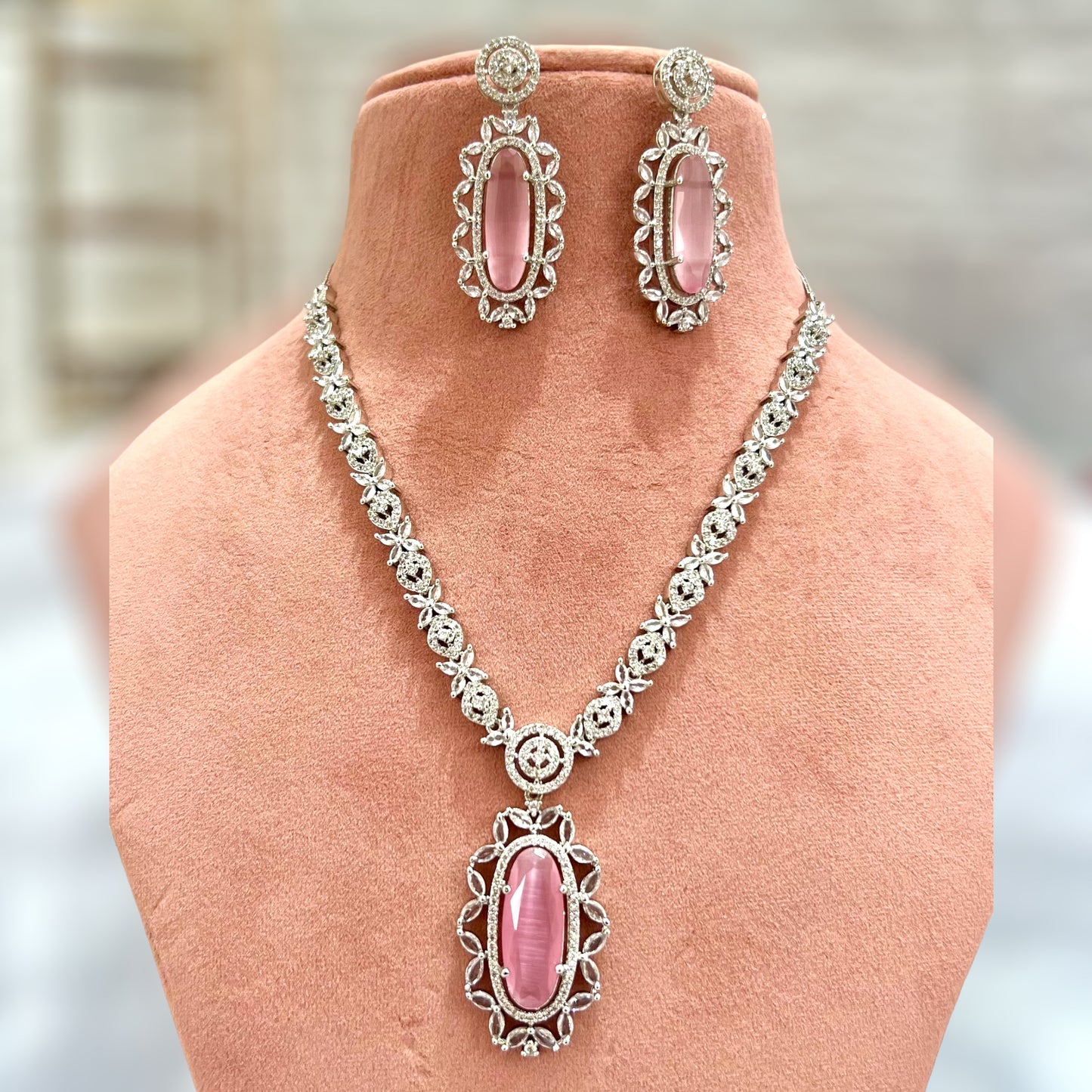 Victoria American Diamond Necklace with Earrings (Blush Pink)