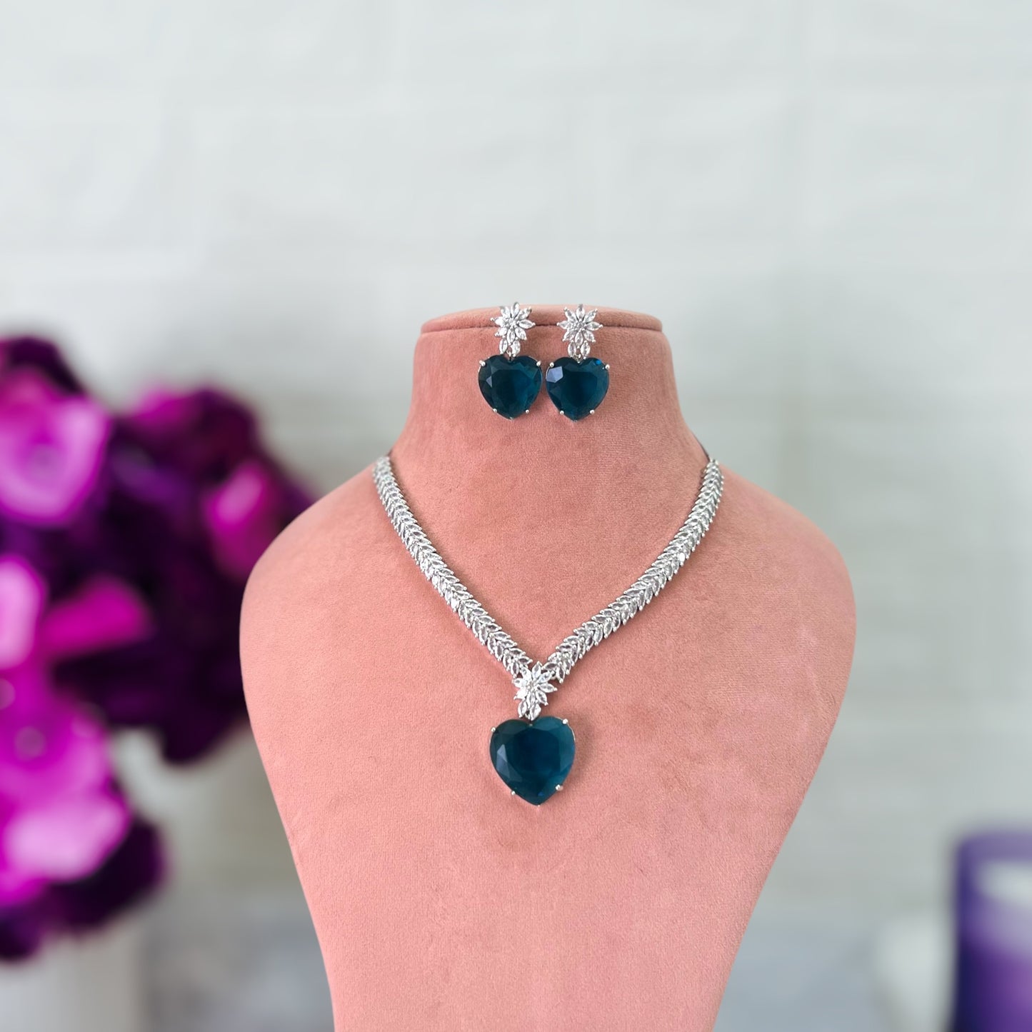 Blue Heart American Diamond Jewellery Set