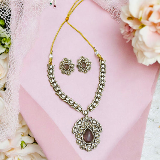 Peach Mayuri Kundan American Diamonds Studded Jewellery set