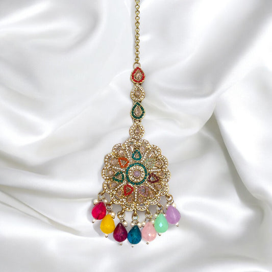 Multi colour Rubina Jadau Jhumka with Kaanchain and Maangtikka