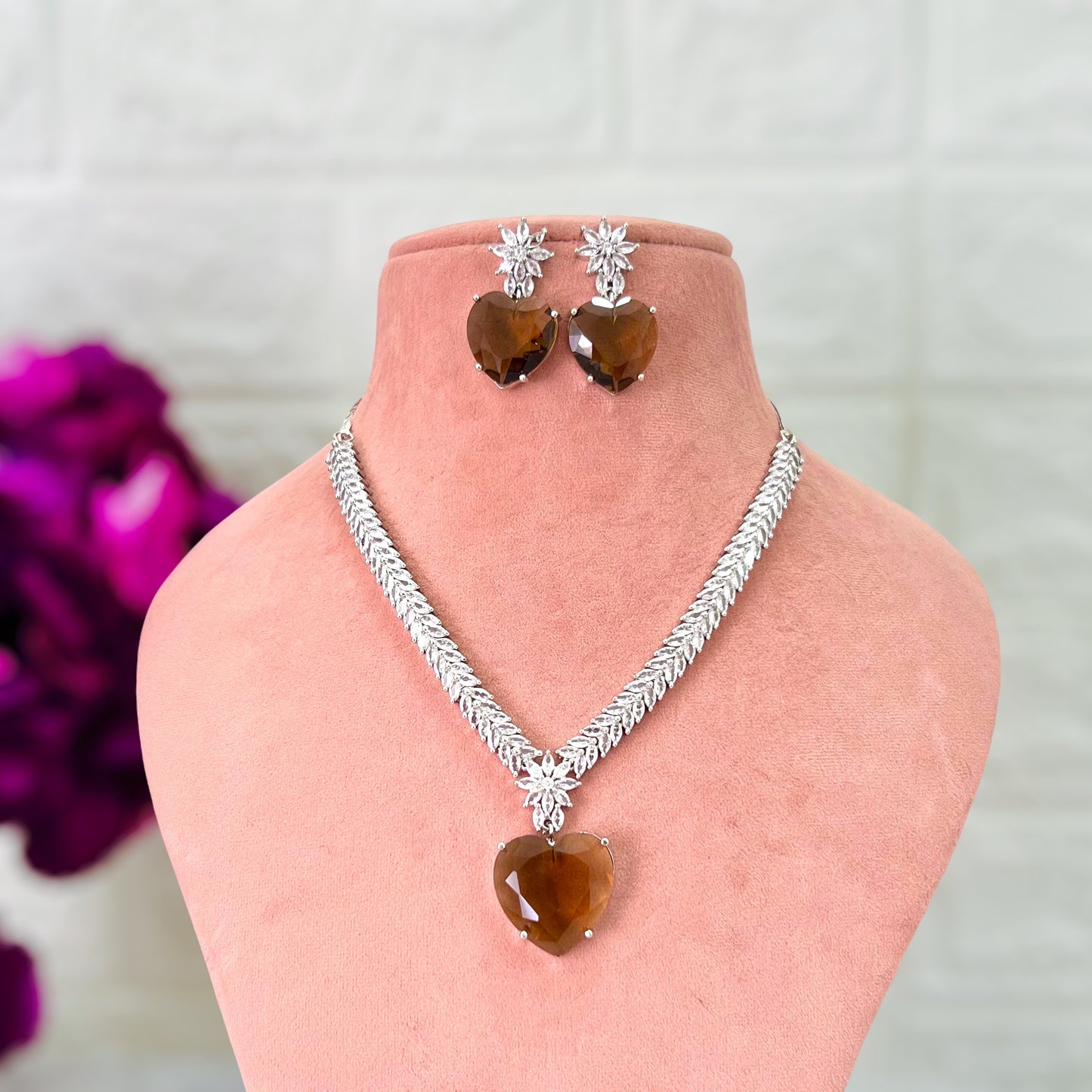 Coffee Brown Heart American Diamond Jewellery Set