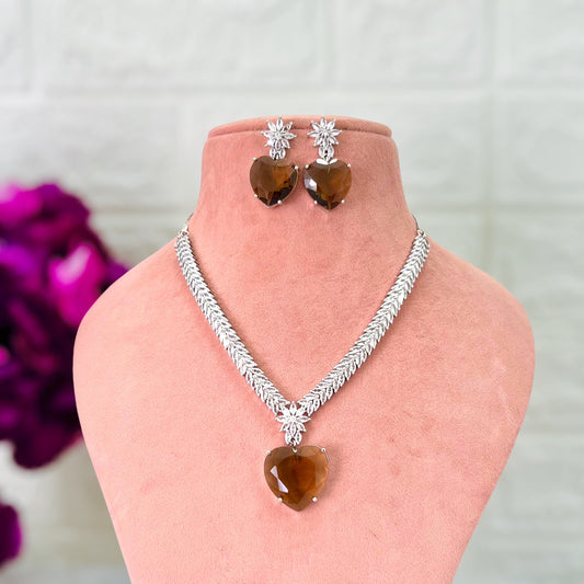 Coffee Brown Heart American Diamond Jewellery Set