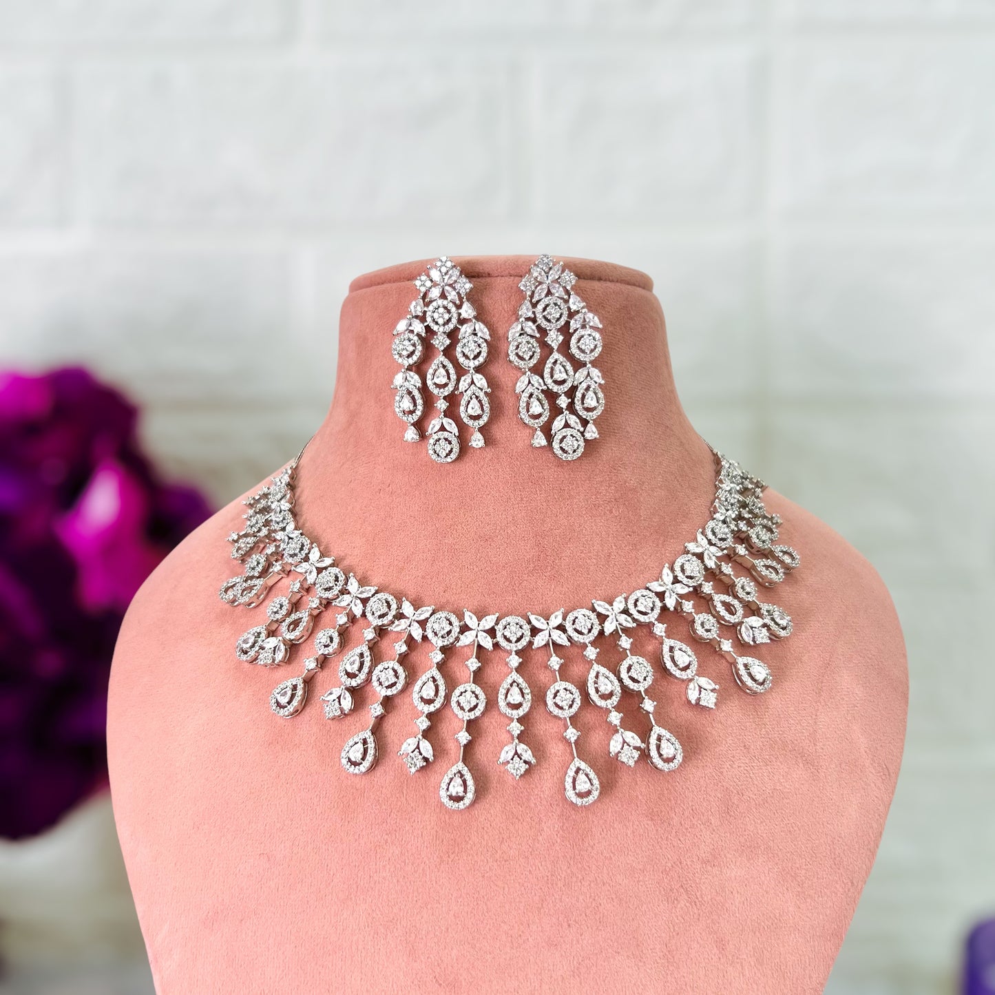 White Shloka American Diamond Jewellery Set