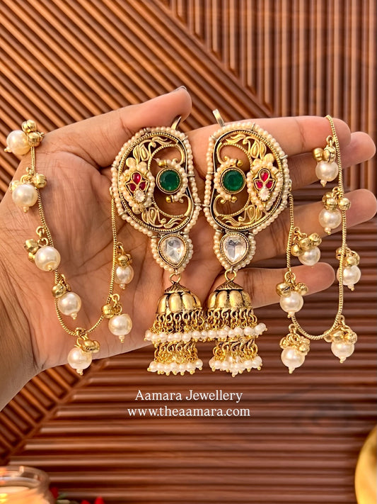 Devika Gold Plated Fusion Kanphool Jhumkas with Kaanchain