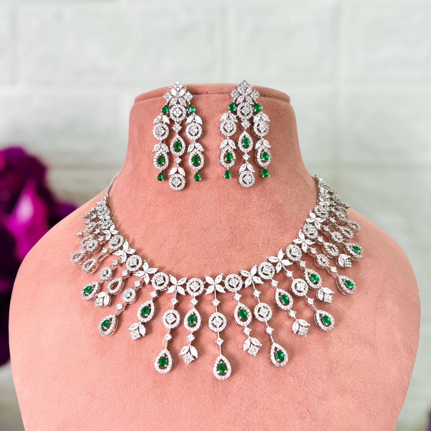 Emerald green Shloka American Diamond Jewellery Set