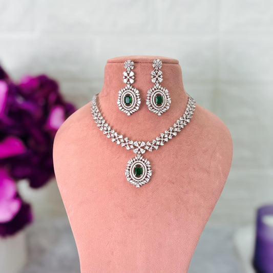 Emerald Green Jahnavi American Diamond Jewellery Set