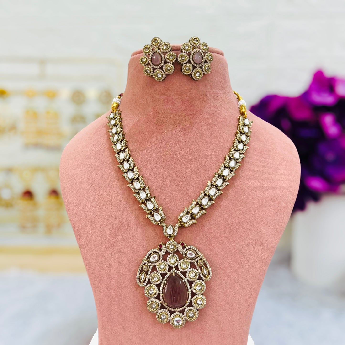 Peach Mayuri Kundan American Diamonds Studded Jewellery set