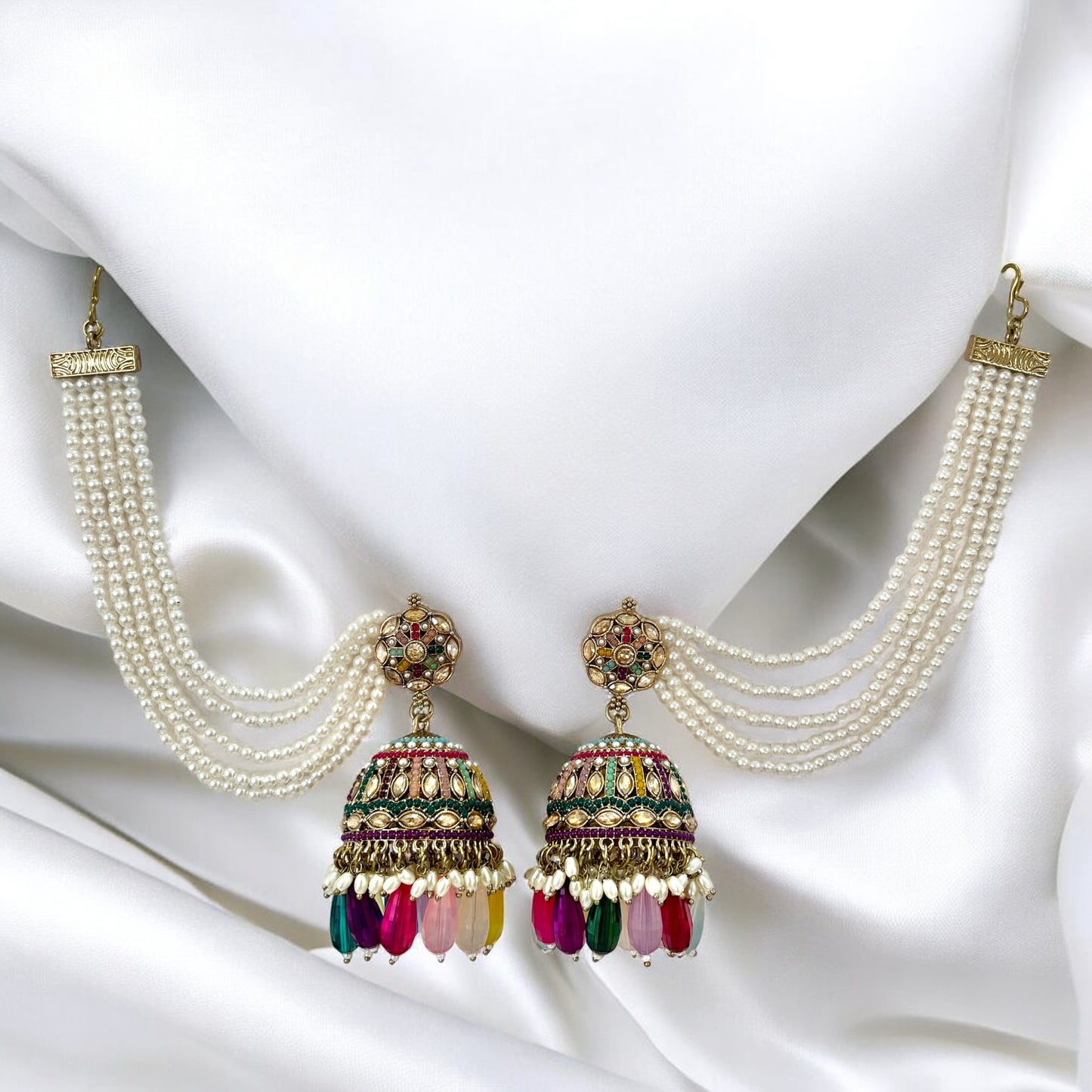 Multi colour Ritika Jadau Jhumka with Kaanchain and Maangtikka