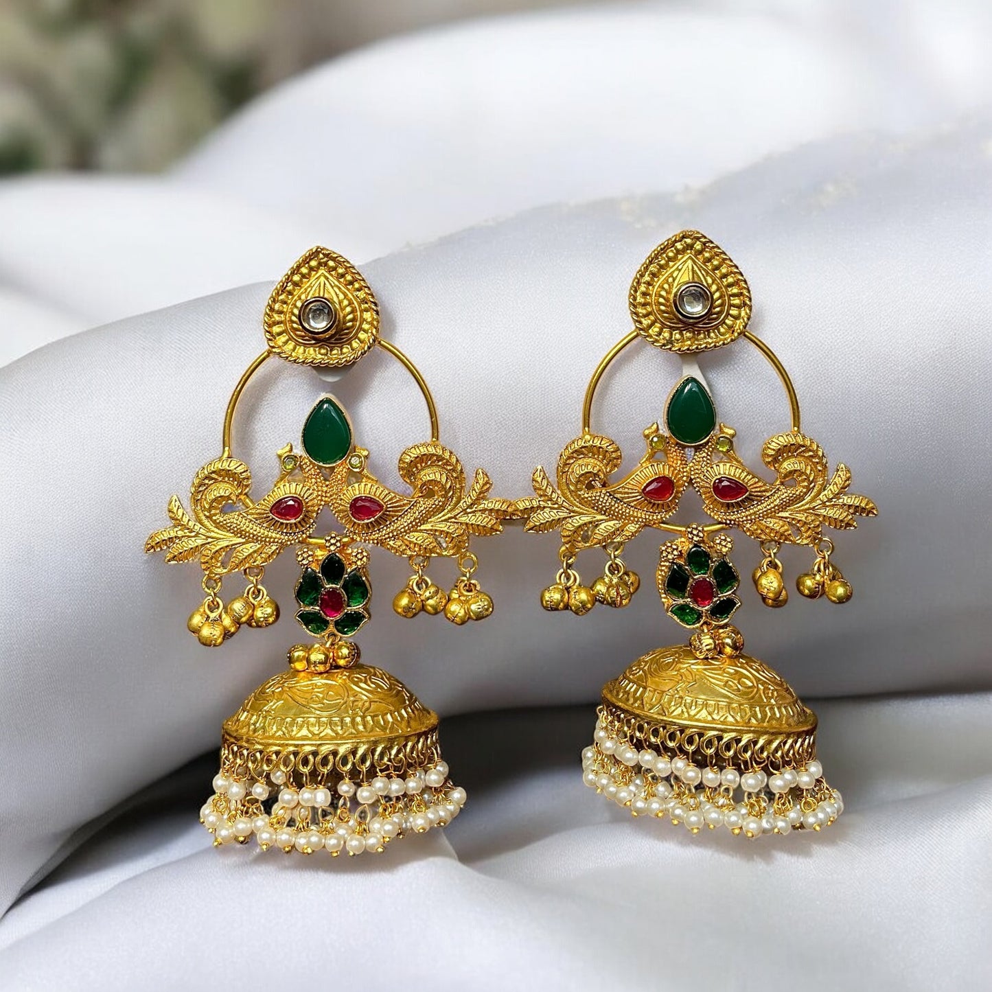 Peacock Fusion Golden Jhumkis