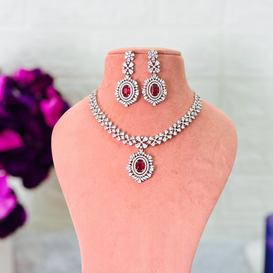 Ruby Red Jahnavi American Diamond Jewellery Set