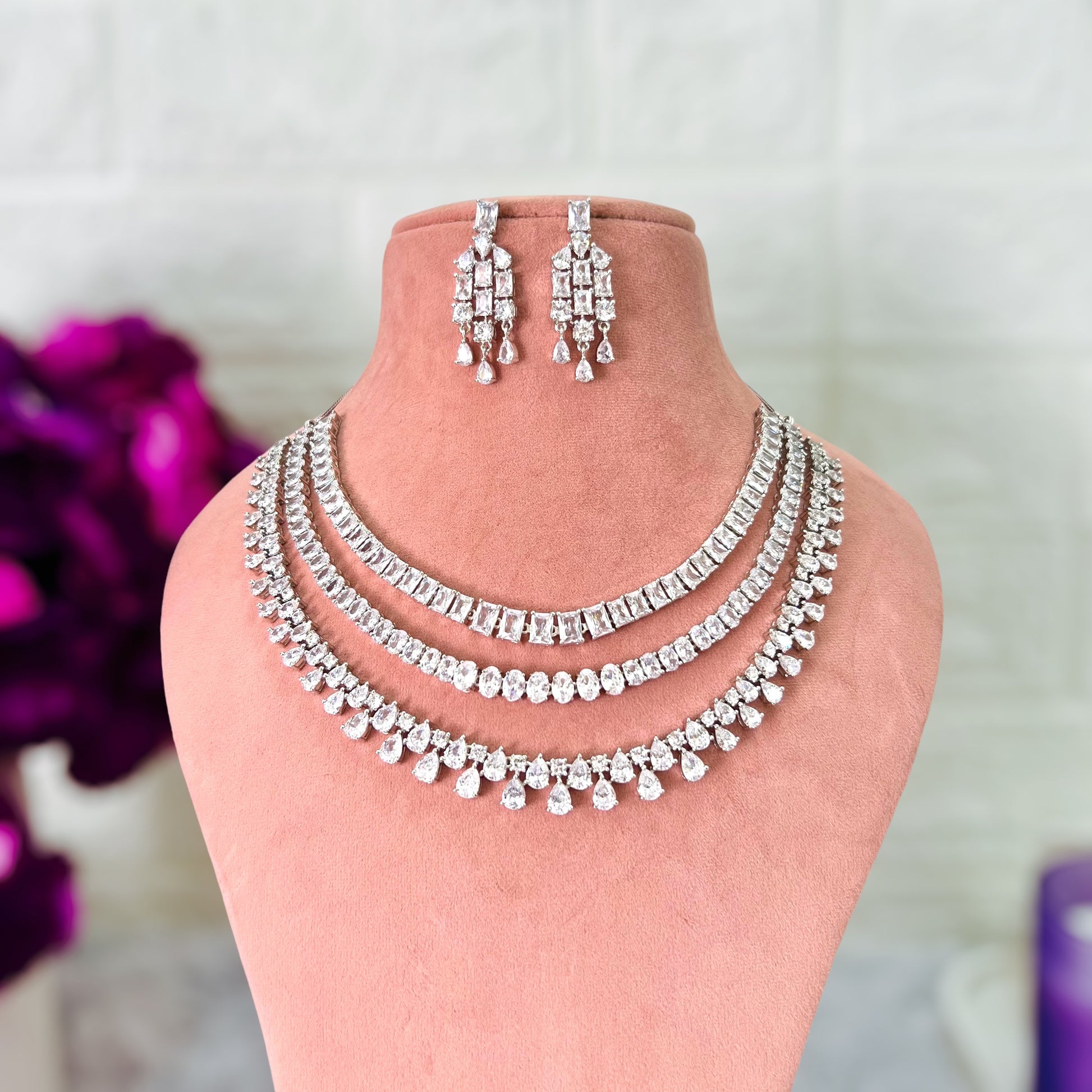 Radhika Triple Layer American Diamond Jewellery Set – AAMARA
