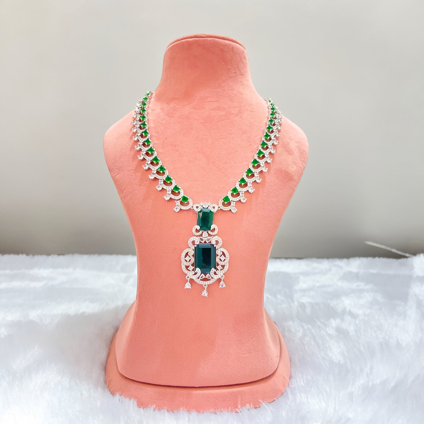 Emerald Green Nita Ambani Inspired American Diamond Jewellery Set