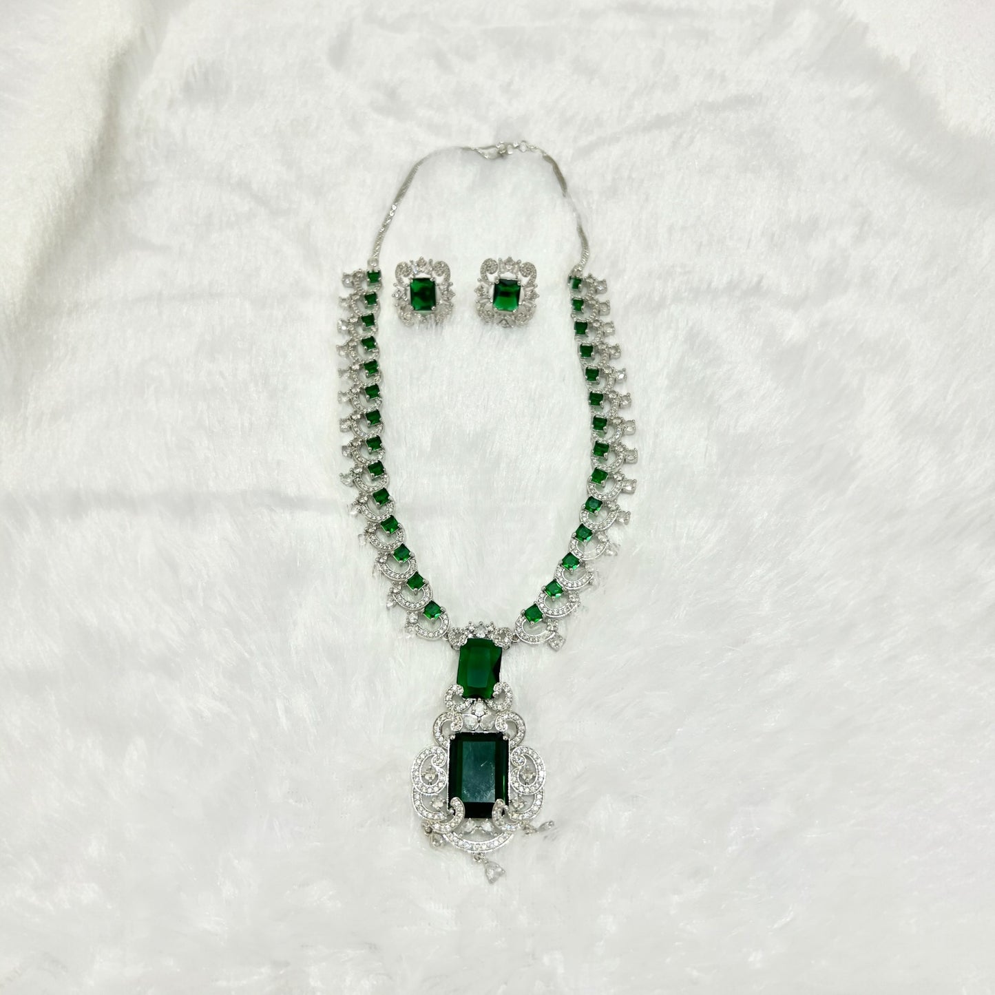 Emerald Green Nita Ambani Inspired American Diamond Jewellery Set