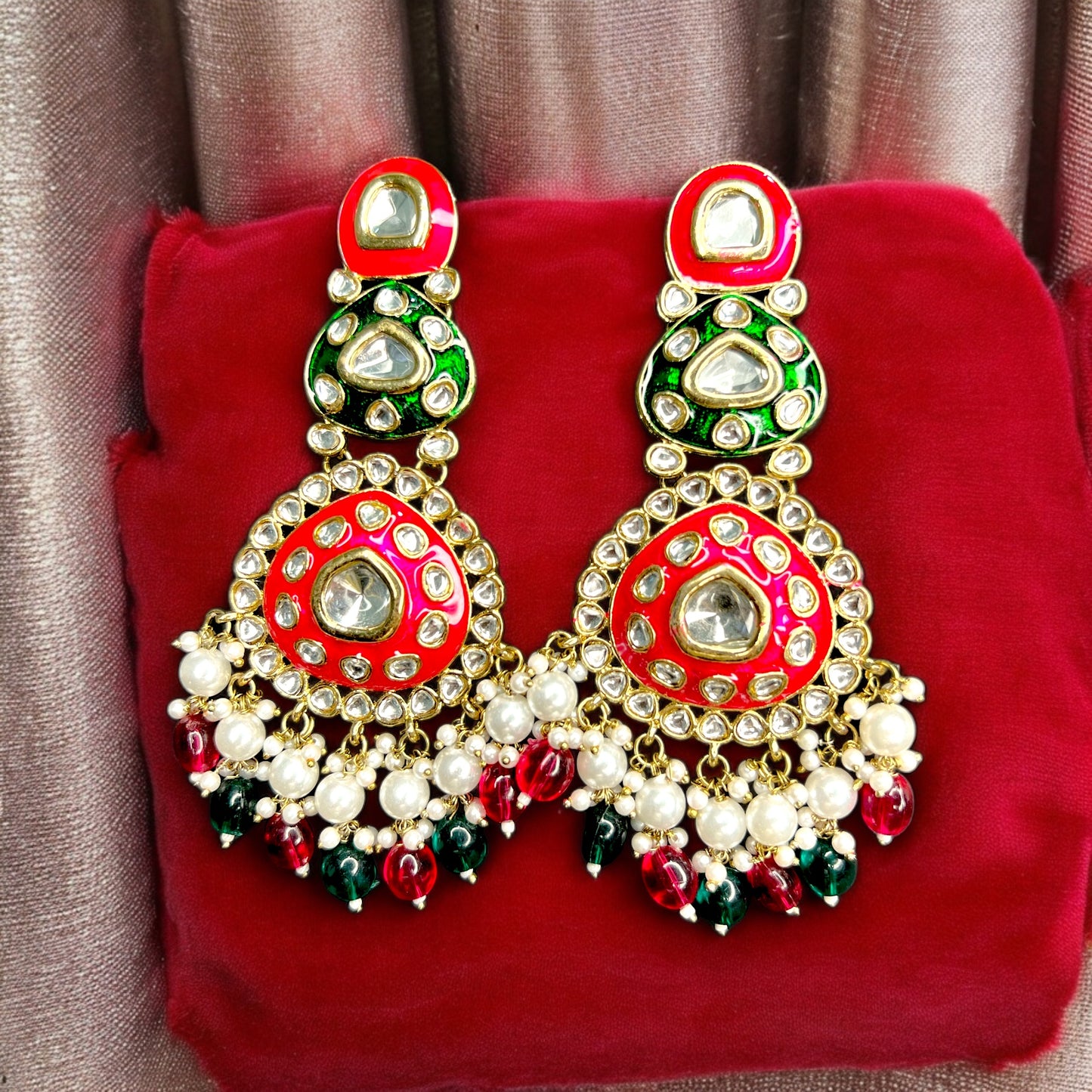 Maharani Kundan Earrings (Rani Pink-Green)