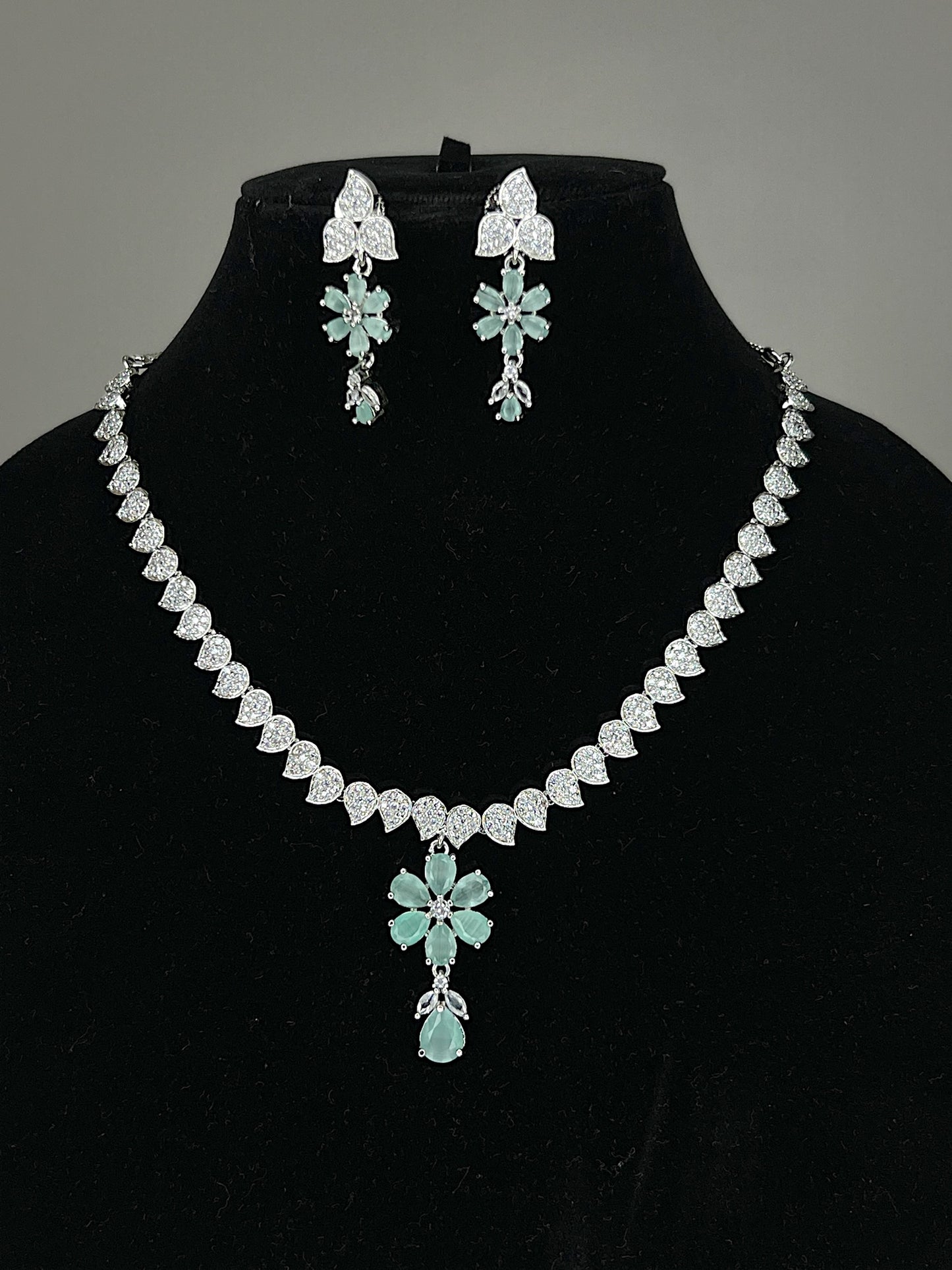 Daisy American Diamond Necklace Set (Mint Green)