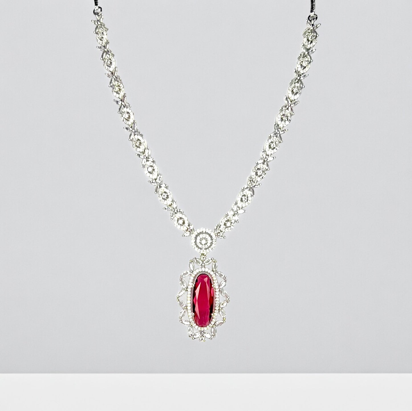 Victoria American Diamond Necklace with Earrings (Wine Red)