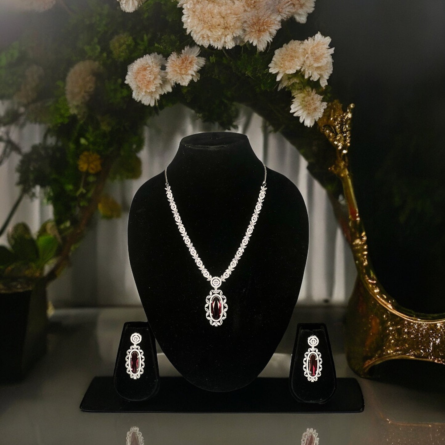 Victoria American Diamond Necklace with Earrings (Wine Red)