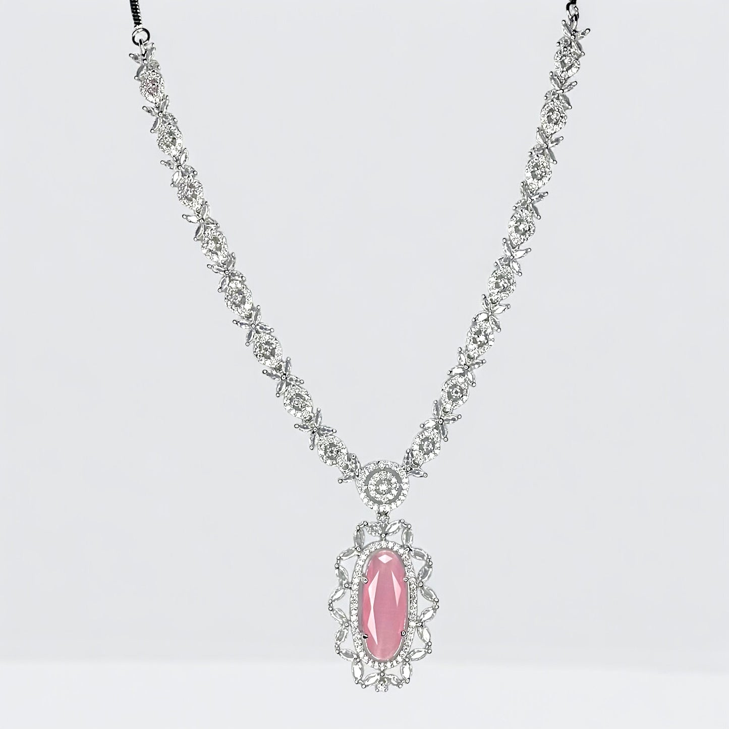 Victoria American Diamond Necklace with Earrings (Blush Pink)