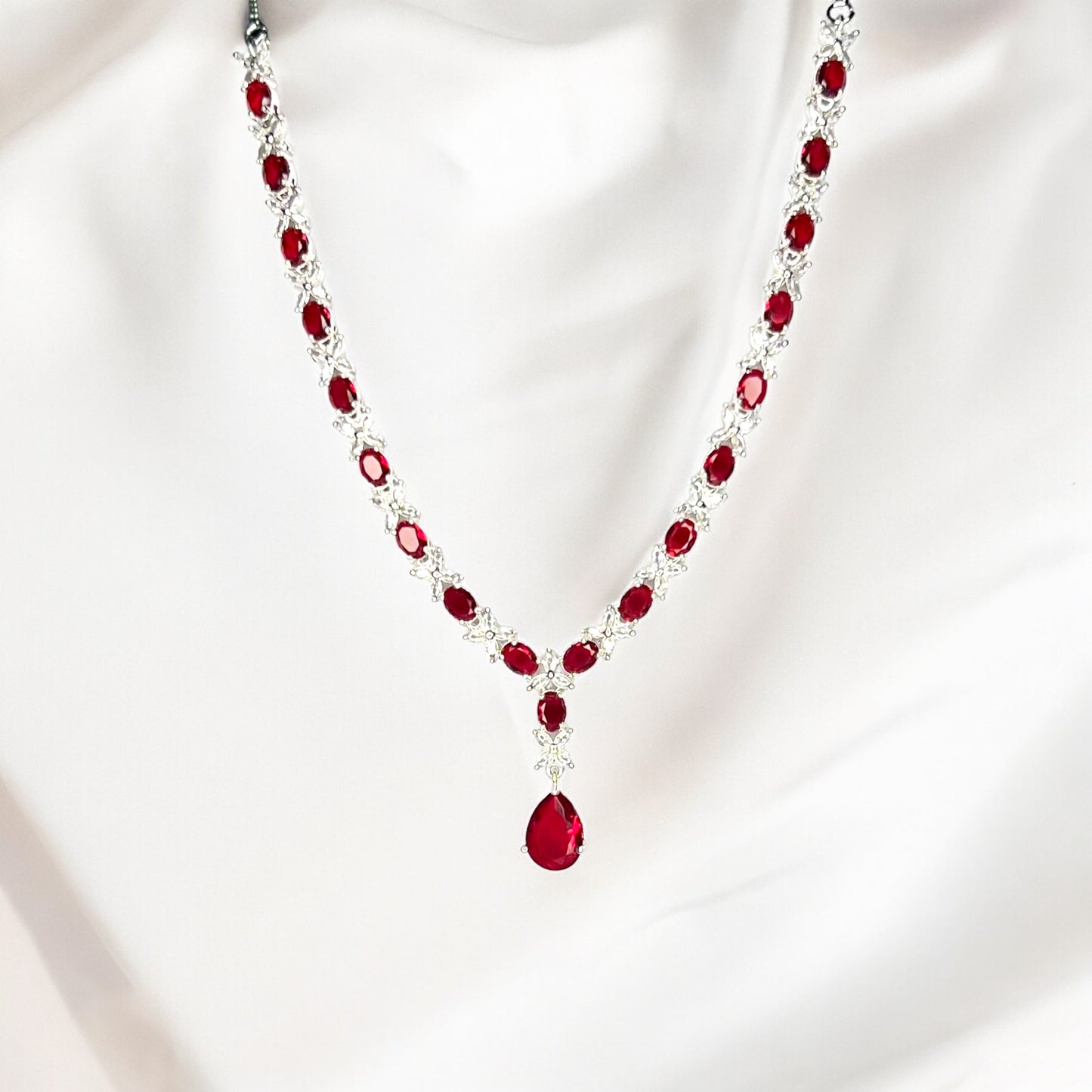 Jasmine American Diamond Necklace with Earrings (Ruby Red)