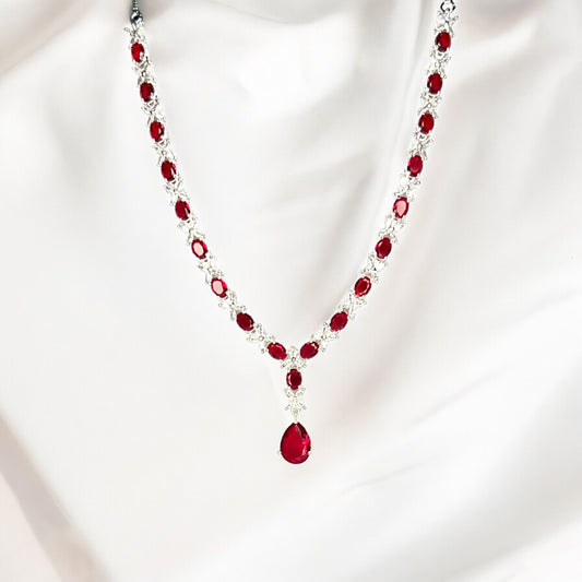 Jasmine American Diamond Necklace with Earrings (Ruby Red)