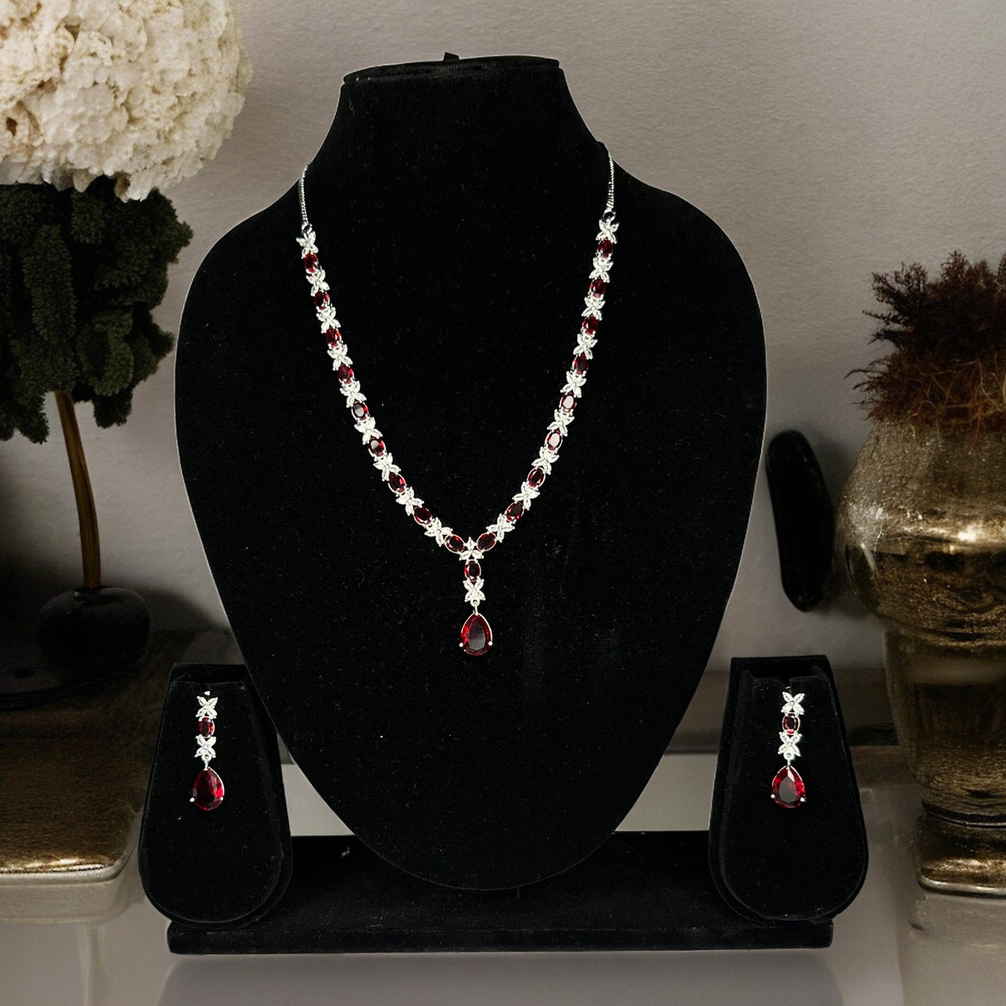 Jasmine American Diamond Necklace with Earrings (Ruby Red)