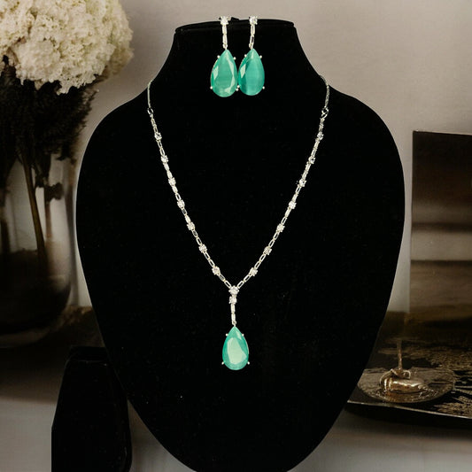 Bella American Diamond Necklace with Earrings (Mint Green)