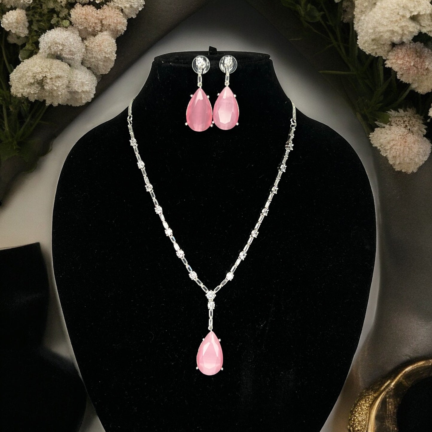 Bella American Diamond Necklace with Earrings (Blush Pink)