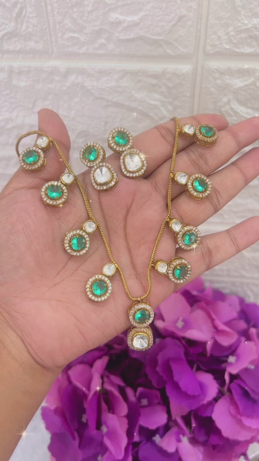 Sea Green Radhika Moissanite Kundan Jewellery set