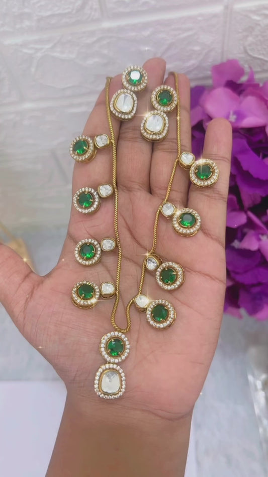 Emerald Green Radhika Moissanite Kundan Jewellery set